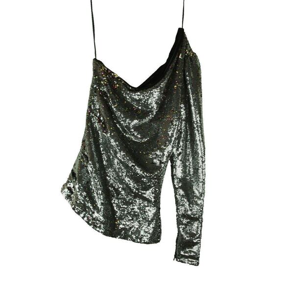 Maje Loineta Argent Sequin Top Long Sleeve Silver Off Shoulder Womens S Nwt - Picture 1 of 6